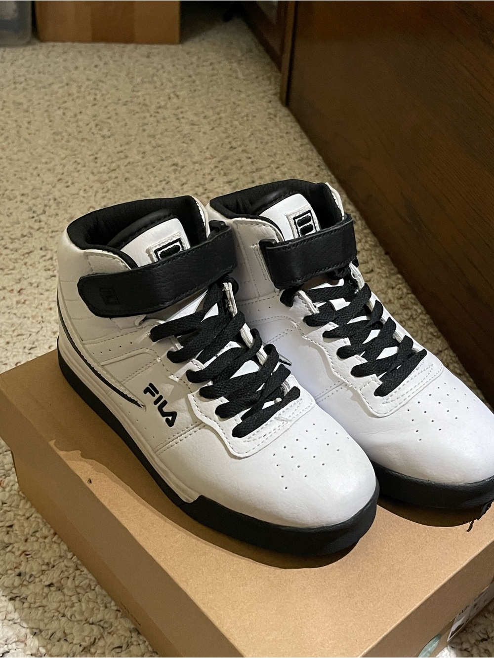 Fila White and Black Mid-Top Sneakers with Strap
